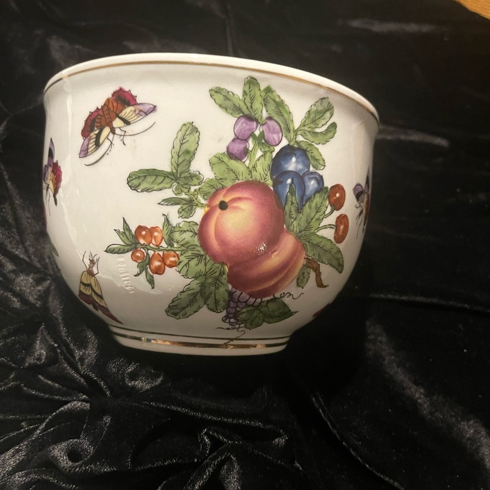 Porcelain Fruit, Floral and Butterfly Bowl Trimmed in Gold. 6” Across 4.5” High